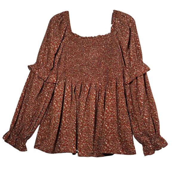 Hayden Tops - Hayden Los Angeles Blouse Womens Medium Rust Floral Smocked Long Sleeve Boho Top